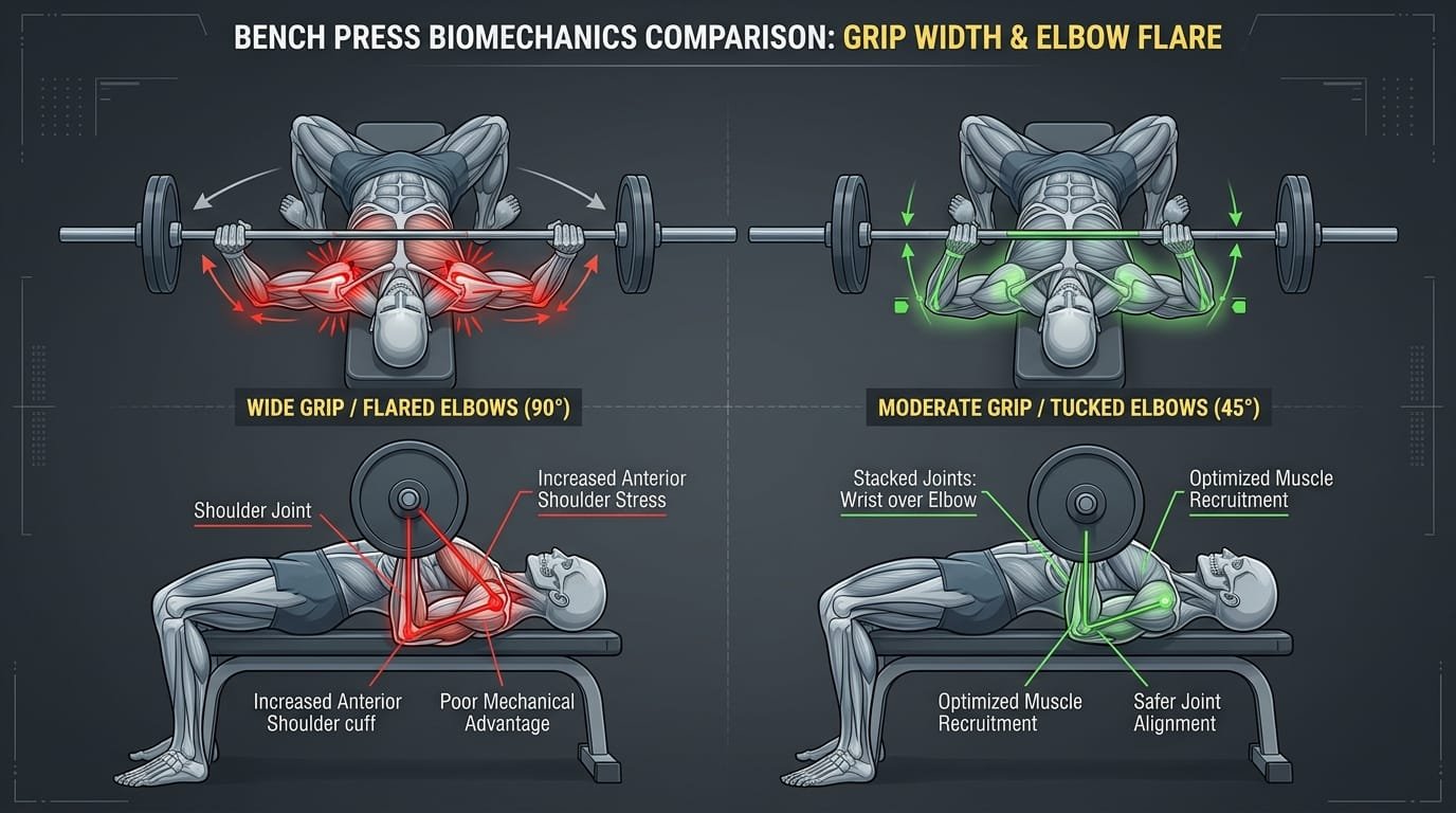 Grip Width and Elbow Flare: How They Change Bench Press Shoulder Stress 1 Grip Width and Elbow Flare How They Change Bench Press Shoulder Stress